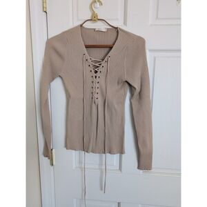 A.L.C. Women's Solana Tan Ribbed Knit Lace up Front Sweater Stretch Size Medium